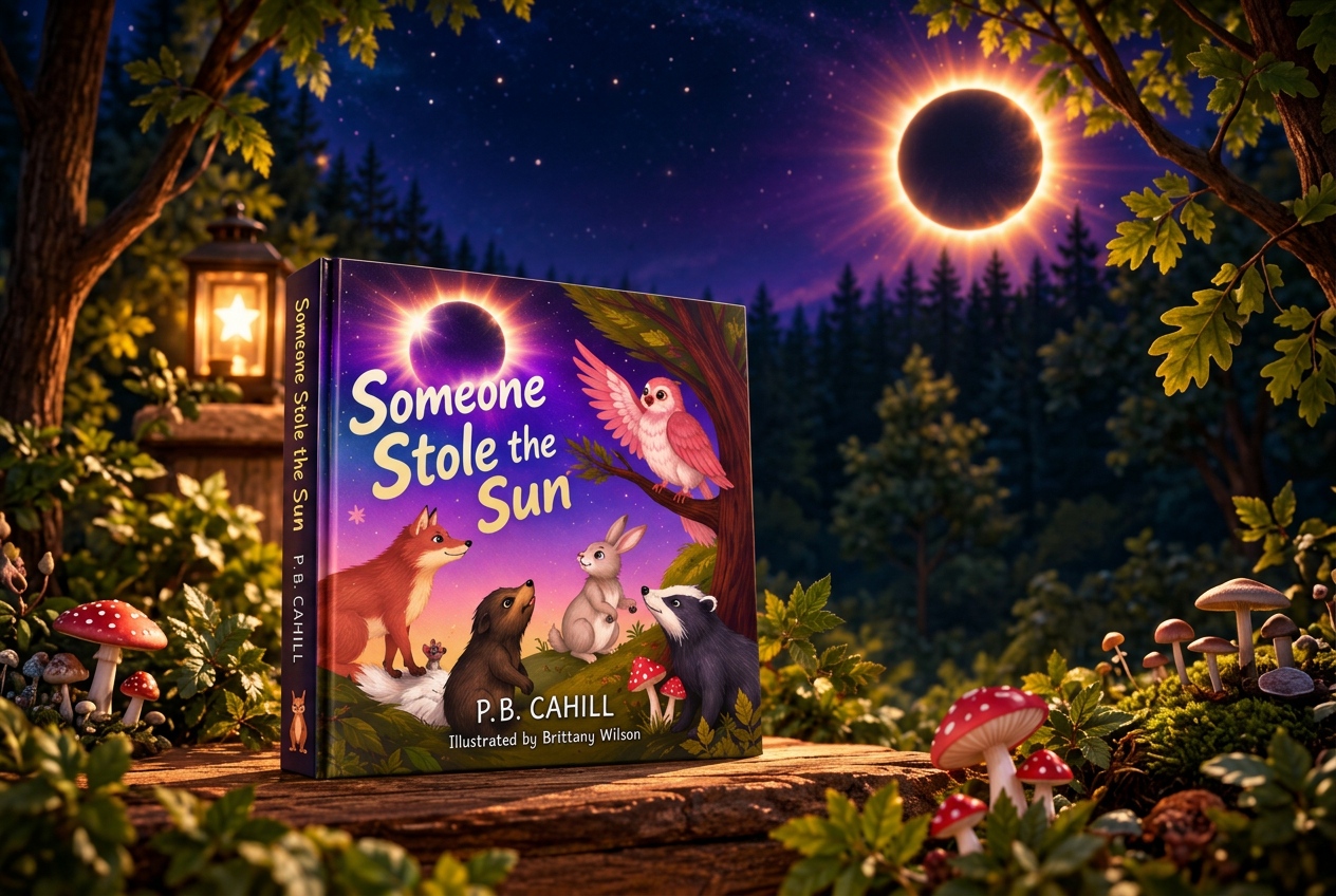 Someone Stole the Sun! book standing on a mossy log in a twilight forest beneath an eclipsed sun